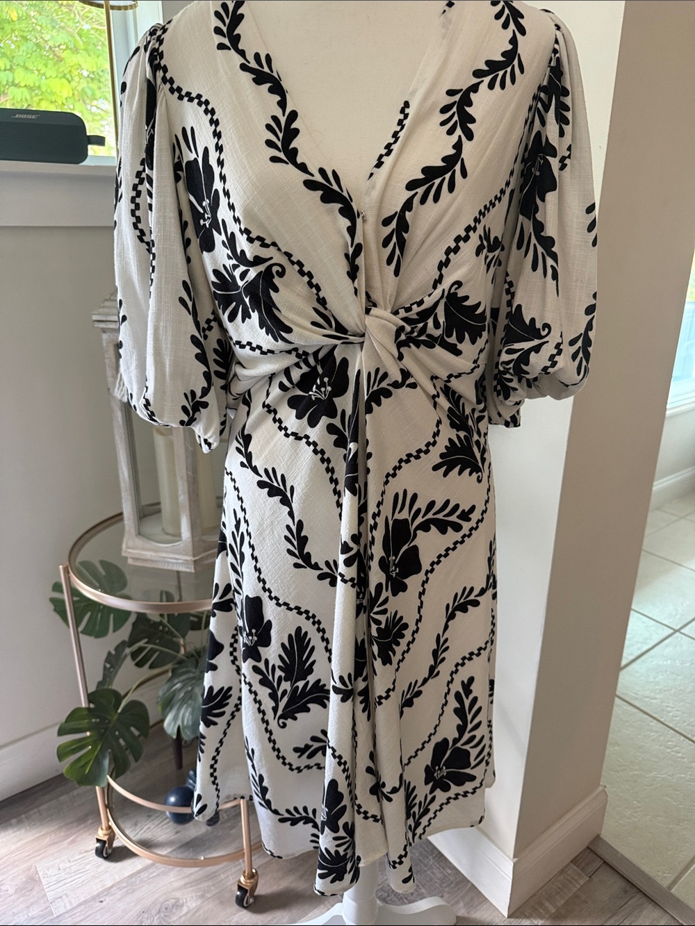 Black & White Knot-Front Midi Dress with Puff Sleeves